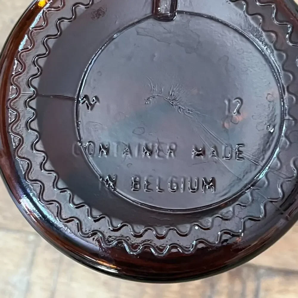 Vintage Belgium Brown Amber Glass Container Apothecary Jar Bubble Lid